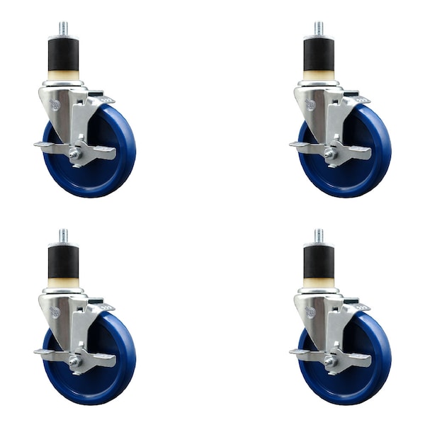 5'' SS Solid Poly Swivel 1-7/8'' Expanding Stem Caster Set with Brake, 4PK